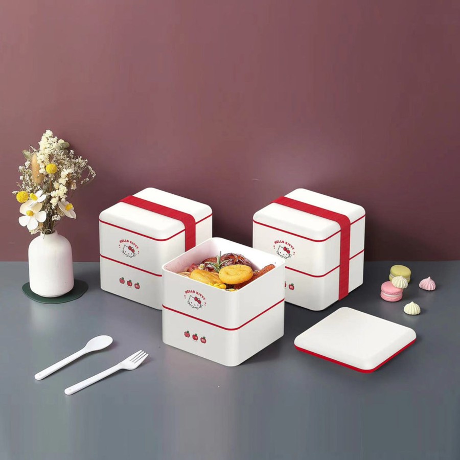 MINISO Porta Pranzo Hello Kitty Apple Due Piani Con Posate | Storage Box & Organizer